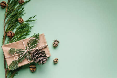 Christmas gift in kraft paper, pine branch and cones on a bright green background. Christmas or New...