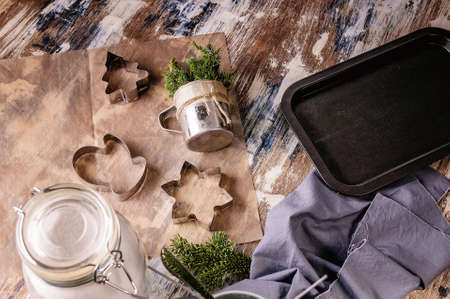 Forms for baking homemade Christmas cookies. Flat lay composition