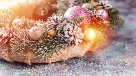 Christmas wreath with tree decorations. Web banner format. Selective focus. Copy spaceの写真素材