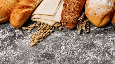 Various types of fresh homemade bread and wheat ears on a gray concrete background. Food baking banner. Horizontal shot. Copy spaceの写真素材