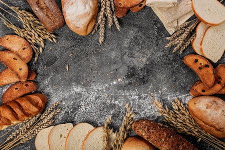 Flat lay composition various types of traditional italian bread and pastries with wheat ears on a...