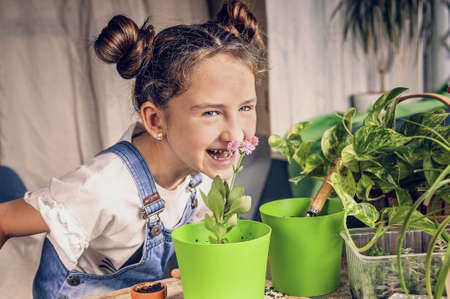 cute little caucasian girl is laughing while smelling a pink flower. domestic gardening with children. joyful childhood moments. front view. close-up.の写真素材