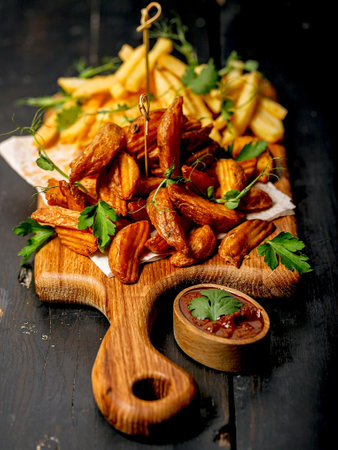 Appetizing fried potato wedges on a wooden cutting board. Big portion of baked potatoes with sauce...
