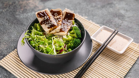 Food banner. Pork with a mix of fresh tasty and healthy vegetables, boiled rice, teriyaki sauce in a gray bowl. Gray crockery on a bamboo mat, black chopsticks, peanut sauce. Asian food. Copy spaceの写真素材