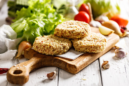 Raw chicken hamburger cutlet breaded with paprika and garlic. Homemade minced poultry cutlet with spices. Fresh lettuce leaves, tomatoes and onions. White rustic background. Copy spaceの写真素材
