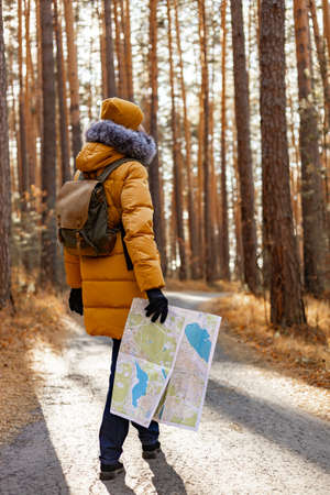Young woman hiker in a warm orange jacket. A woman walks in an autumn pine park with a backpack. Hiking in the forest in the fall season. Back view. Vertical shotの写真素材