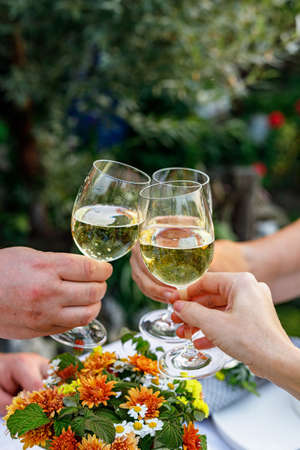Happy family having dinner at the summer garden party and clinking drinks. People say toast and drink. Festive family dinner in the backyard. Male and female hands holding glasses of wine. Lifestyleの写真素材