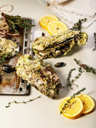 Fresh oyster, lemon and oregano. Food flat lay composition on a light background. Healthy and tasty natural seafoodの写真素材