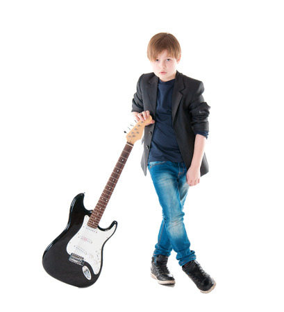 Handsome boy whit electric guitar a over white backgroundの写真素材