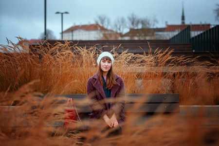 Woman sitting on the bench watching yellow leaves tree in autumn.の写真素材