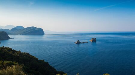 Relaxing view of the seascape from above. View of the mountains and islands in the seaの写真素材