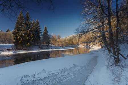 Frosty, winter landscape with forest by the riverの写真素材