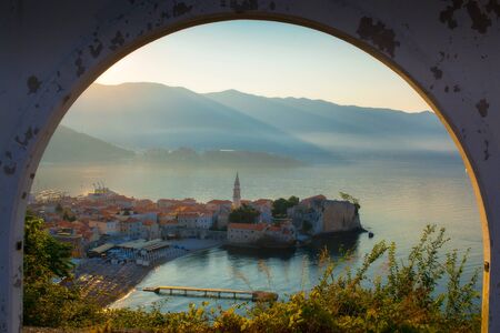 The old city in Budva, Montenegro. Bay in the soft morning light of the sun.の写真素材