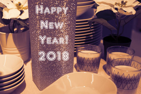 Festive New Year table setting with dishes.の写真素材
