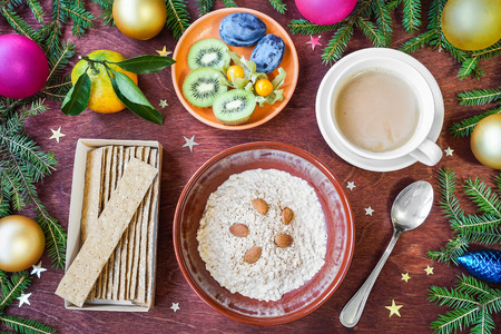 New Year's breakfast, coffee, bread, jam. Festive table setting. Christmas 2018 year.の写真素材