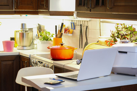 Office in the home kitchen, female entrepreneur. Work at home.                             の写真素材