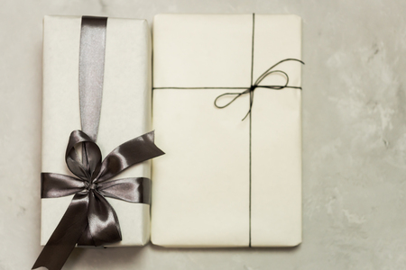 Gift box handmade from white paper, dry twigs, spruce. New Year Christmas.の写真素材