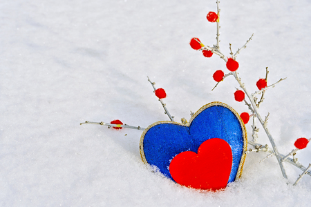 The shape of a blue and red heart in the snow in winter, a branch with red berries, February 14 - Valentine's Dayの写真素材
