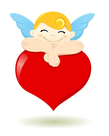  a vector illustration of a cupid falls asleep on a heart shape balloon inのイラスト素材