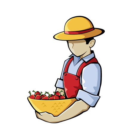 Vector illustration of a farmer holding a basket of chili pepperのイラスト素材