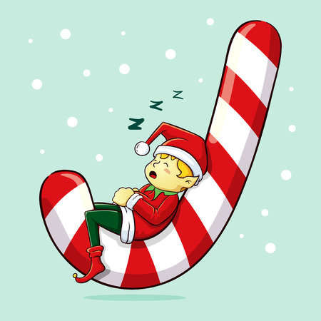 Christmas elf sleeping on huge candy caneのイラスト素材