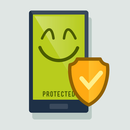 Smart phone happy protected with anti virus shield, vector illustrationのイラスト素材