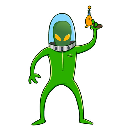 Alien in green space suit while holding a laser gun