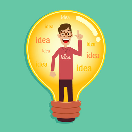 Man inside a light bulb surrounded with ideas, vector illustrationのイラスト素材