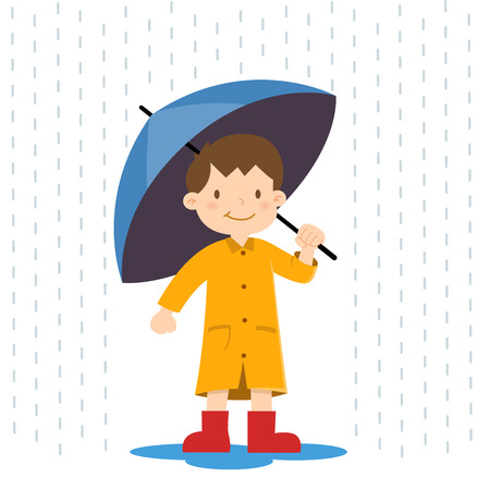 Happy little boy holding an umbrella in the rain, illustrationのイラスト素材