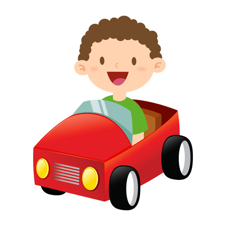 Happy little boy riding a toy carのイラスト素材