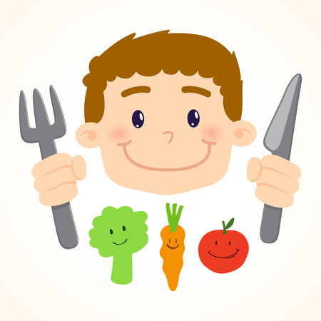 Little boy holding a knife and a fork eating vegetables, vector, illustrationのイラスト素材