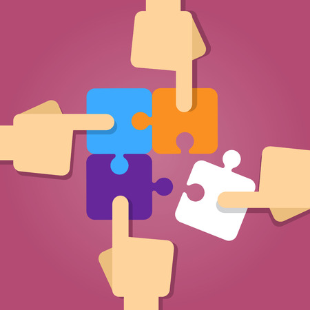 Vector stock of four hands putting puzzle pieces together, teamwork conceptのイラスト素材