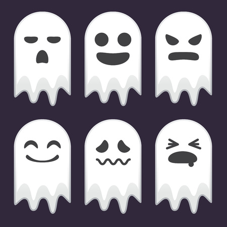 Vector stock of funny ghosts with various face expressions, halloween icons and backgroundのイラスト素材