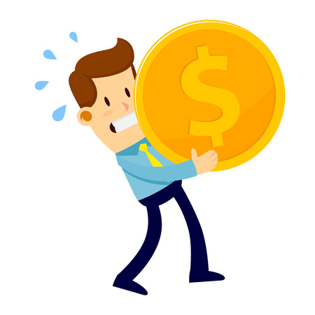 Businessman trying hard to carry big heavy gold coinのイラスト素材