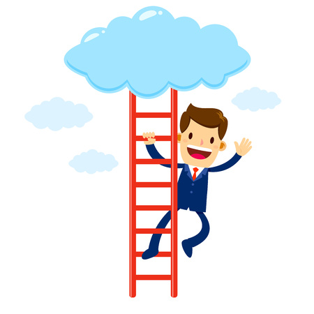 stock of a businessman waving while climbing on a ladder to the cloudsのイラスト素材
