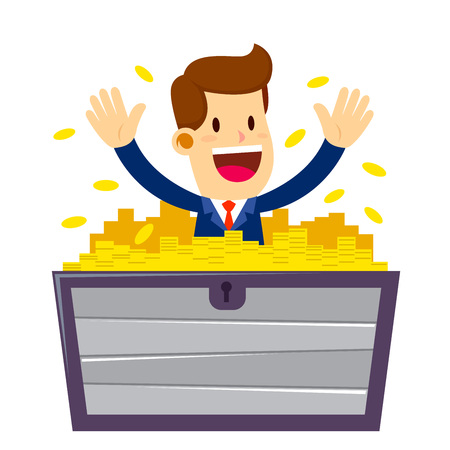 Vector stock of a businessman in a wooden chest filled with gold coins, wealthy conceptのイラスト素材