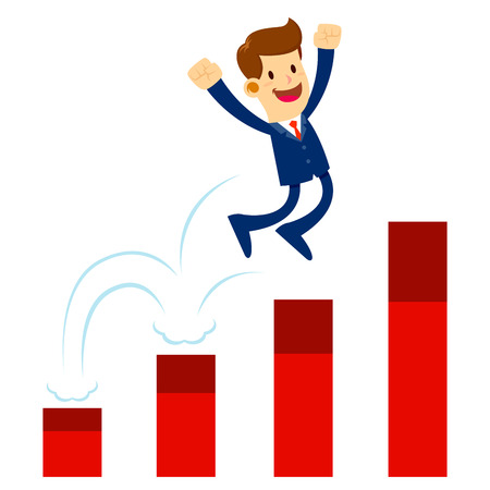 Vector stock of a businessman jumping in joy on raising sales charts, successful business conceptのイラスト素材