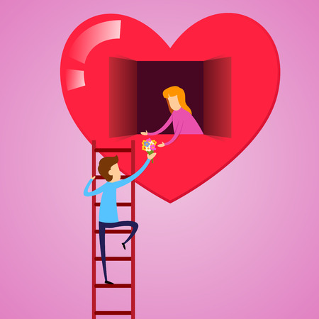 Vector stock of a man climbing ladder to give flower to a girl inside a heartのイラスト素材