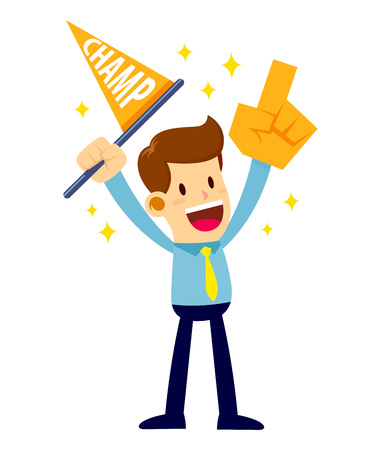 Vector stock of a businessman cheering while holding champion flag and hand foamのイラスト素材