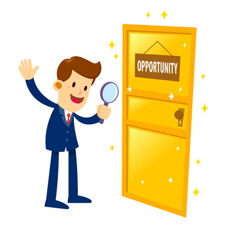 Vector stock of a businessman holding magnifier glass and found a golden opportunity doorのイラスト素材