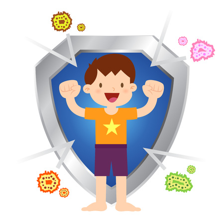 Vector stock of little boy protected with shield and immune to virus and bacteriaのイラスト素材
