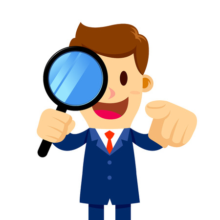 Vector stock of a businessman holding a magnifier glass and pointing his fingerのイラスト素材