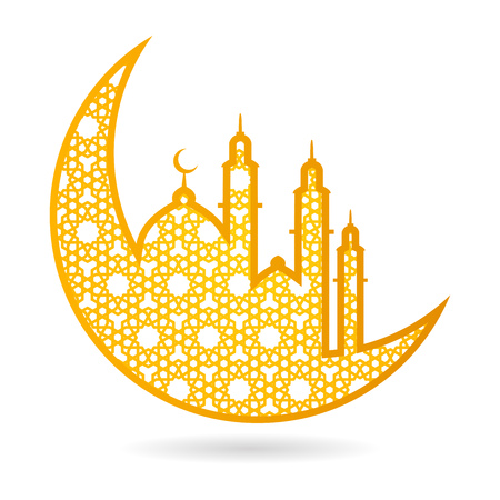 Islamic ornament and decoration of golden crescent moon and mosque over white backgroundのイラスト素材
