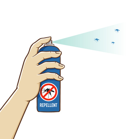 Vector illustration of hand holding mosquitoes repellent spray can, isolated on white backgroundのイラスト素材