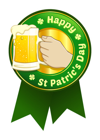 Emblem and ribbon for St. Patricâs day with hand holding beer, vector illustrationのイラスト素材