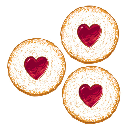 Sweet biscuits topped with strawberry jam, hand drawn vector illustrationのイラスト素材