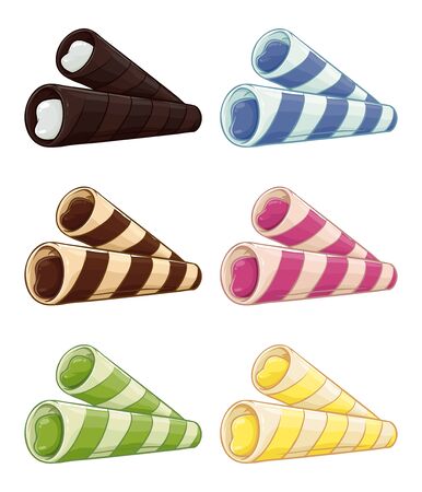 Set of wafer rolls in various different cream filling, vector illustrationのイラスト素材