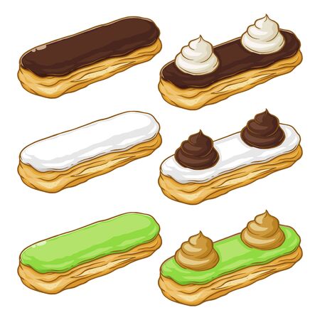 Set of eclair with colorful glaze, vector illustration isolated on white backgroundのイラスト素材