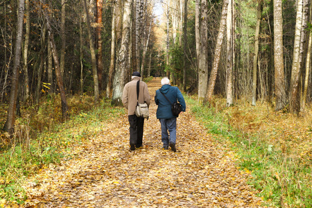 Two elderly men go down the path in the woodsの写真素材