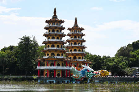 Kaohsiung, Taiwan - OCT 16, 2021: Dragon and Tiger Pagodas famous building in southern Taiwan.のeditorial素材